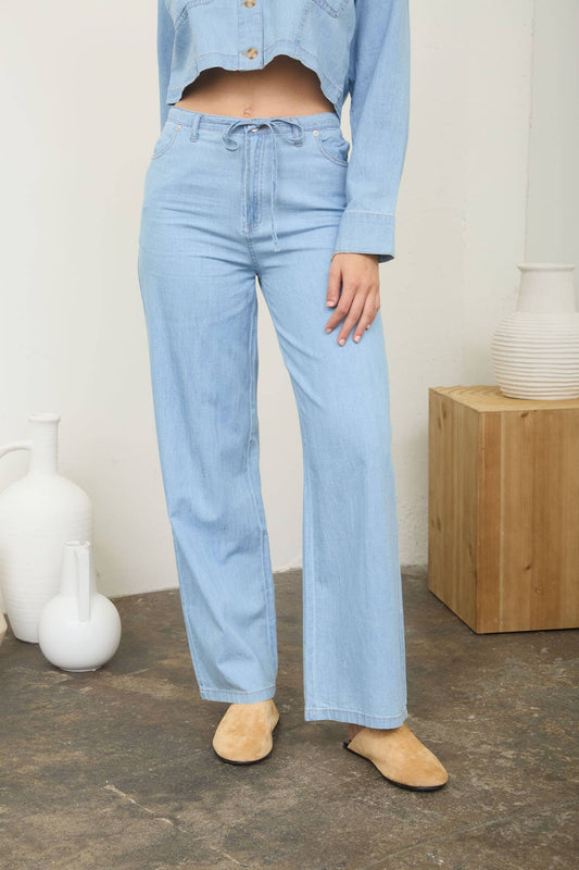 WASHED DENIM FRONT TIE WIDE LEG PANTS