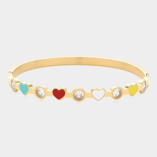 Enamel Heart Stone Bezel Pointed Stainless Bangle Bracelet: Multi-Colored