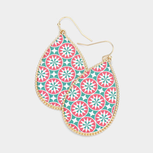 Christmas Patterned Teardrop Dangle Earrings: Yellow Gold