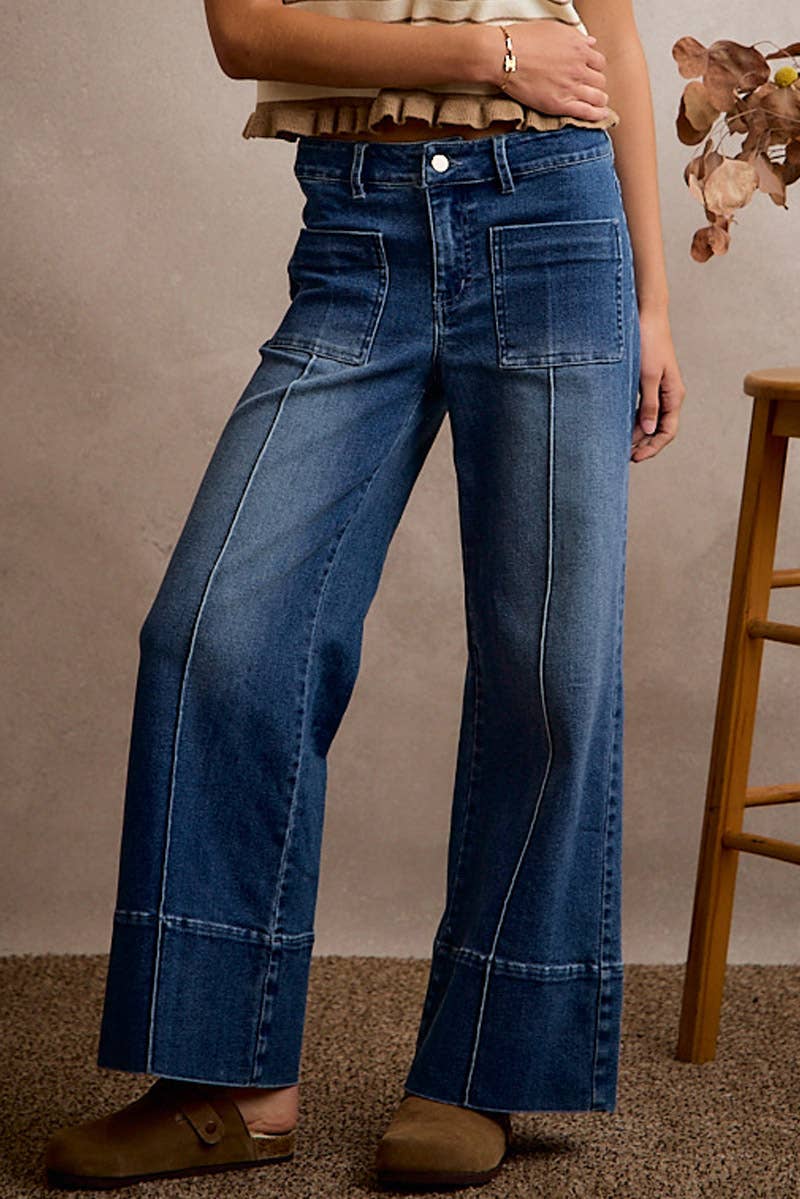 MID RISE FLARE PIN TUCK  BOTTOM DENIM JEANS WITH FRONT PATCH