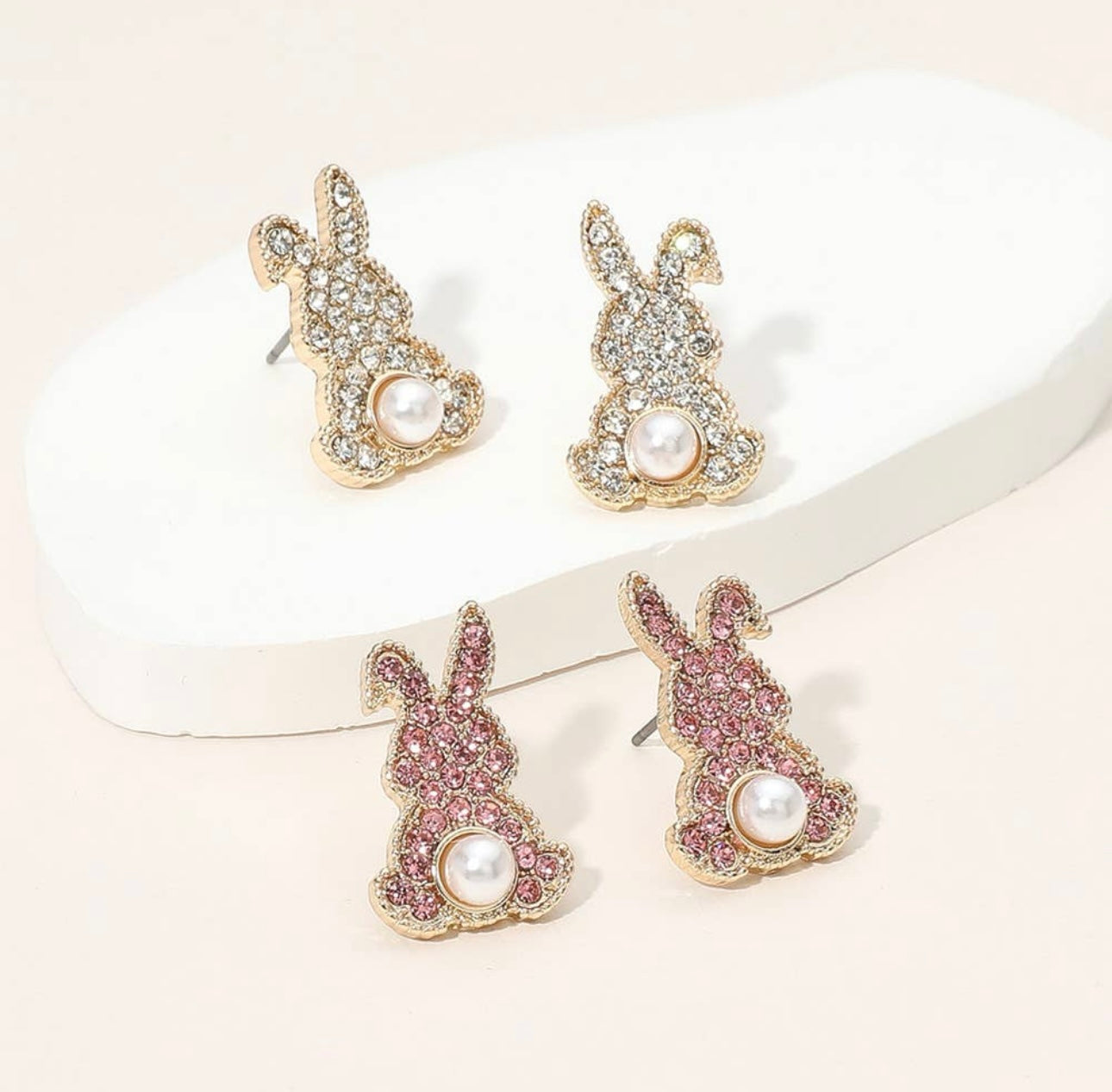 Pearl Pointed Stone Paved Bunny Stud Earrings