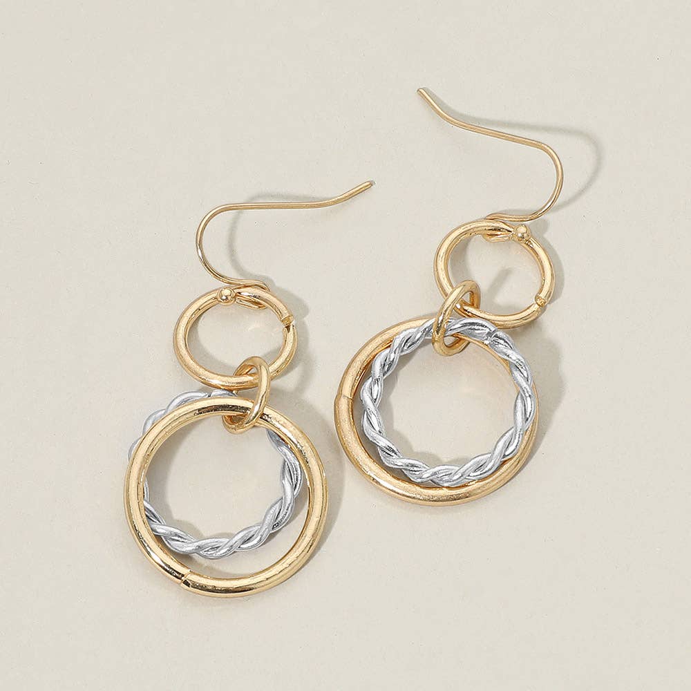 Twisted Metal Double Circle Link Drop Earrings: Worn Gold