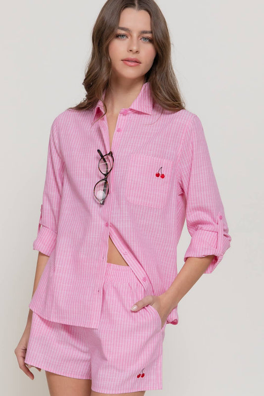 Long Sleeve Cherry Embroidery Detail Y/D Stripe Button Down Shirt