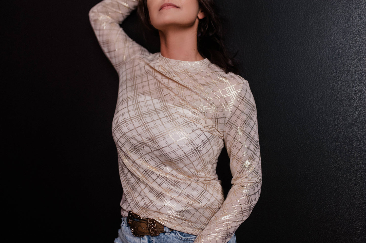 Gold Plaid Gold Foil LS Mesh Top