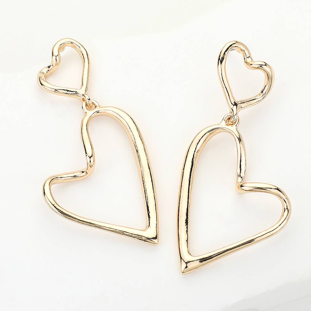 Double Hammered Metal Open Heart Dangle Earrings