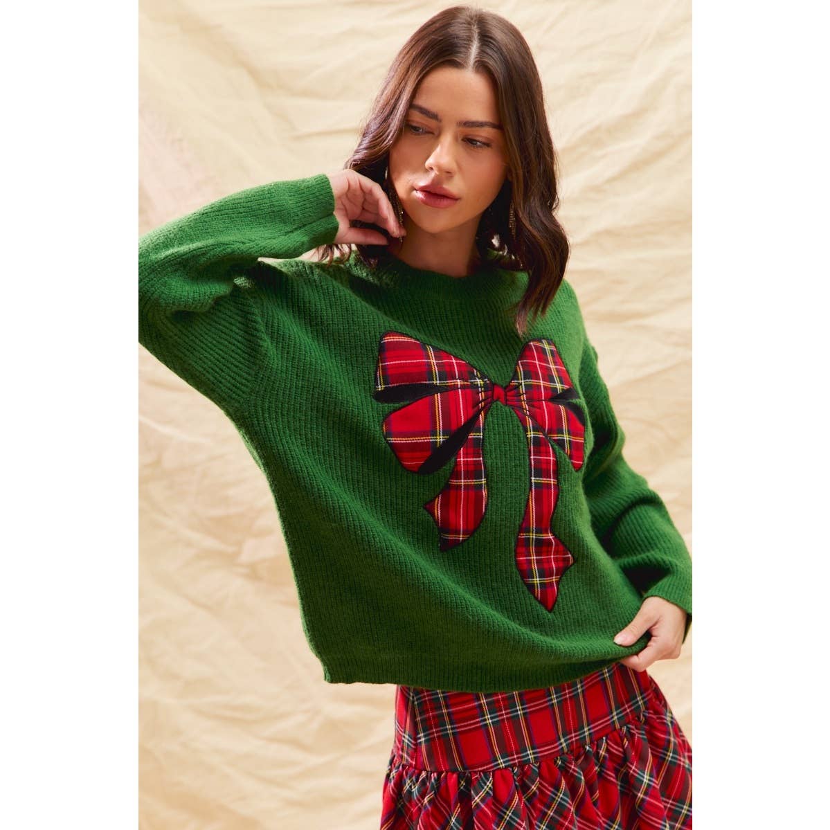 CHECKER PLAID RIBBON CHRISTMAS HOLIDAY SWEATER TOP: GREEN / S