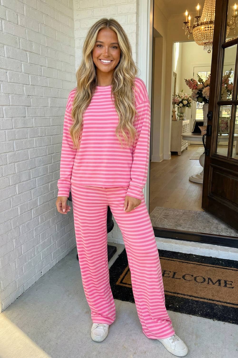 MDB Two Tone Pink Stripe Top and Buttoned Straight Pants Pants Set
