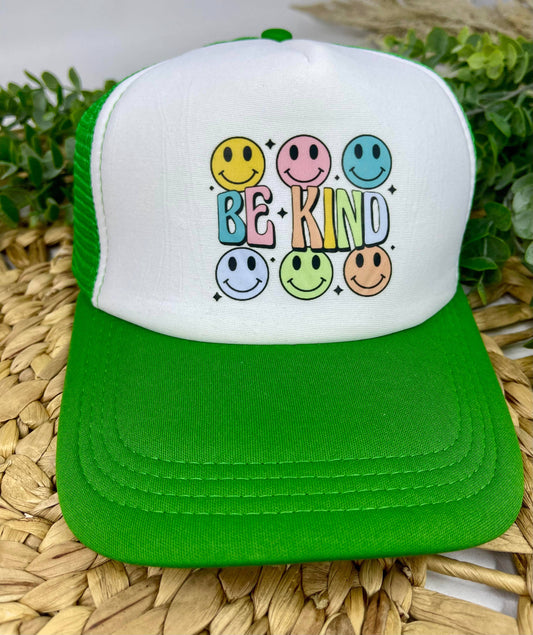 Be Kind Smiley (Trucker Hat): Green Trucker Hat