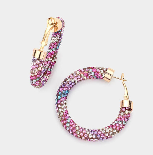 COLORFUL RHINESTONE PAVE HOOP EARRINGS