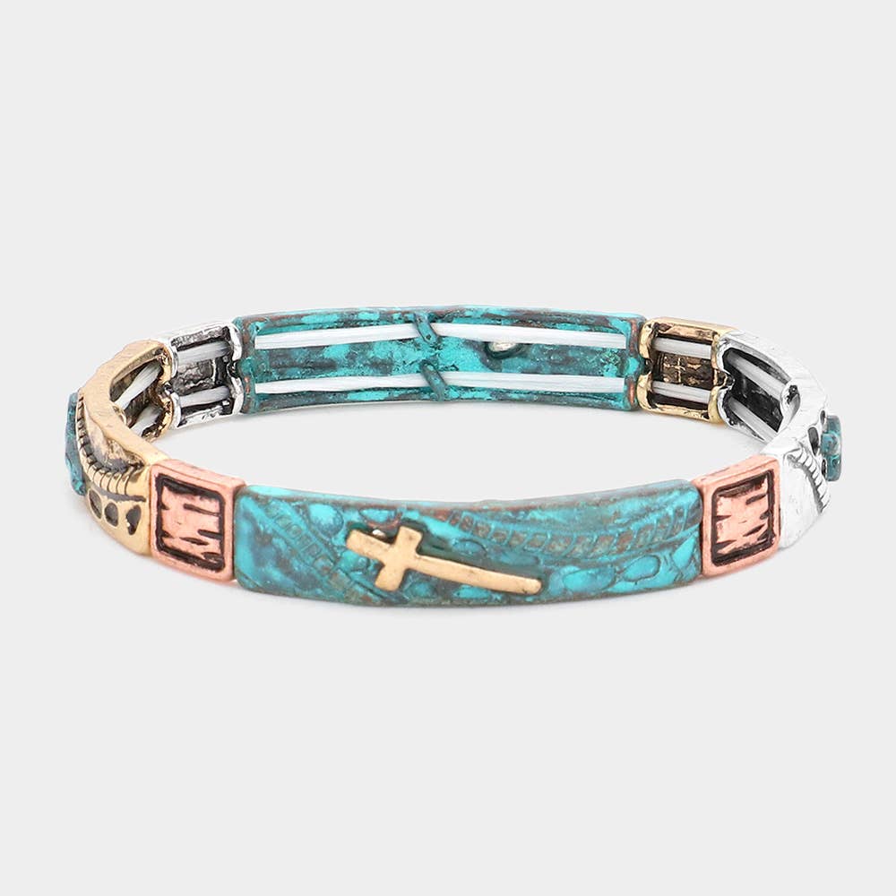 Cross Accented Metal Stretch Bracelet: Patina Verdigris