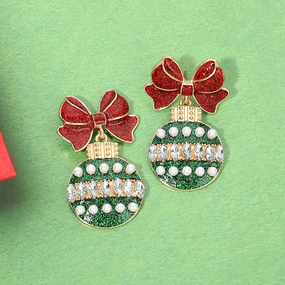 Christmas Bow Ornament Drop Earrings: Gold,Pink,White