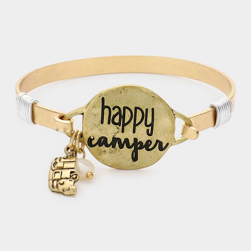 Happy Camper Message Charm Hook Bracelet: Worn Gold