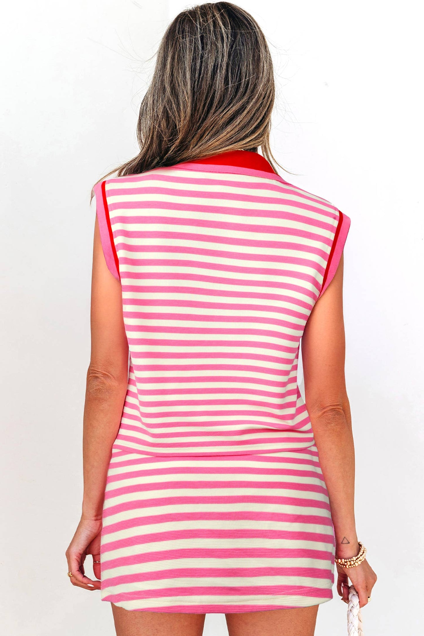 MDB Striped Sleeveless Polo and Skort Two-Piece Set