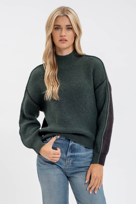 COLORBLOCK MOCK NECK EXPOSED SEAM KNIT SWEATER