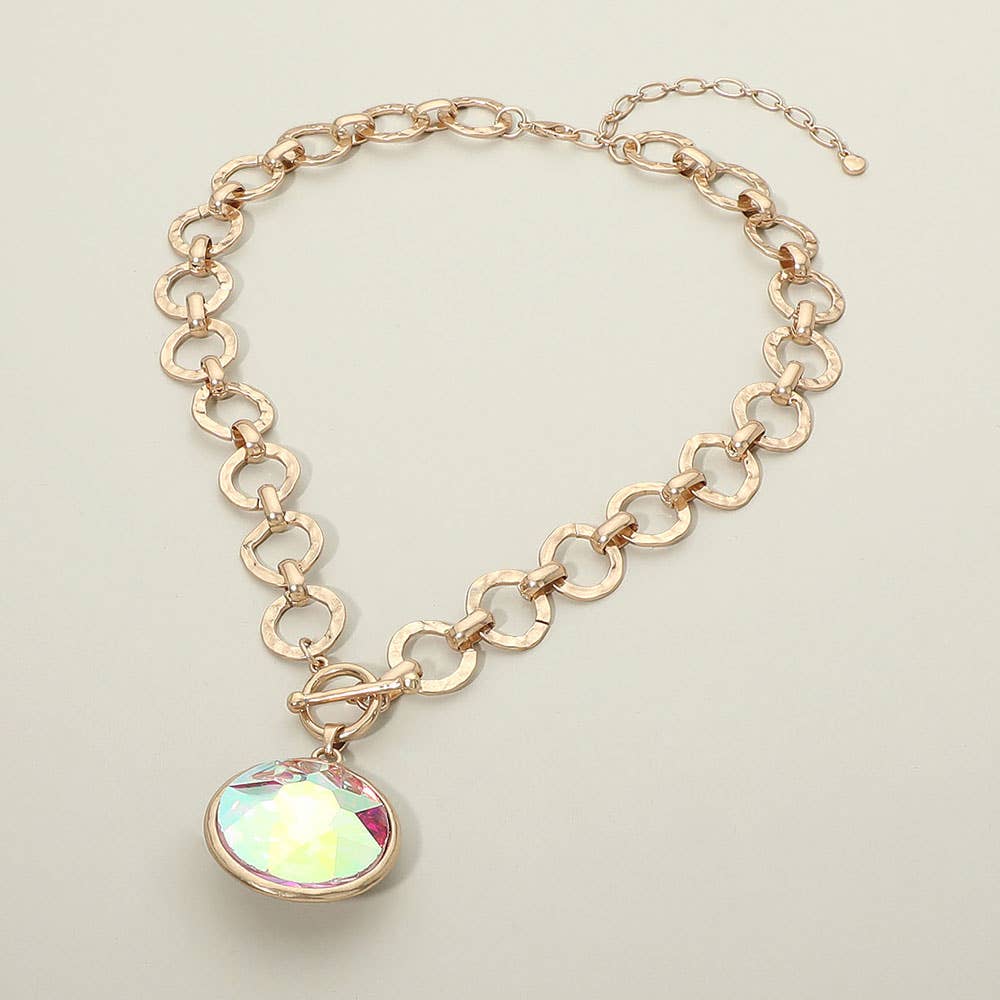 Bold Oval Gemstone Pendant Brushed Metal Chunky Chain Toggle Necklace: Green
