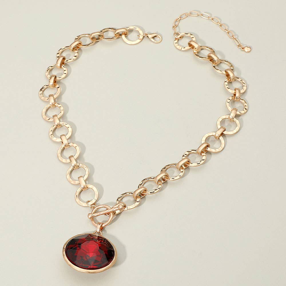 Bold Oval Gemstone Pendant Brushed Metal Chunky Chain Toggle Necklace: Green