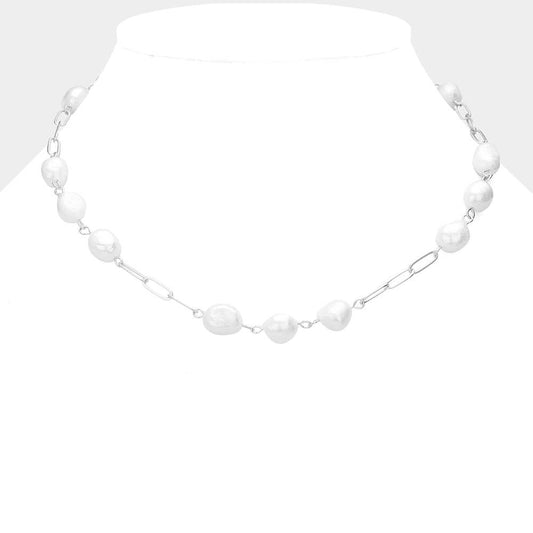 Pearl Open Metal Oval Link Necklace