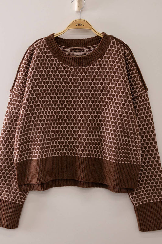 Geometric Check Pattern Sweater: CHOCOLATE