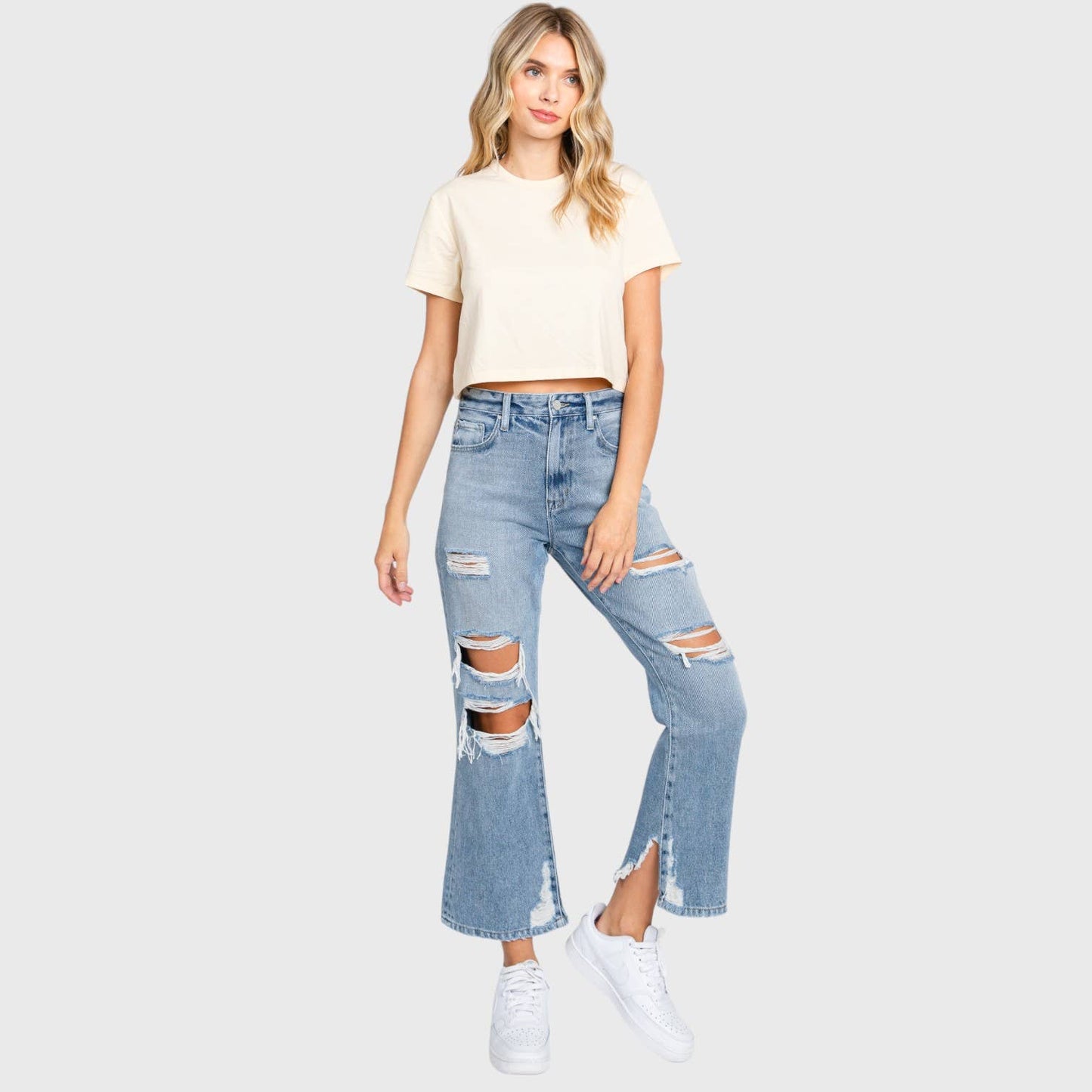 DISTRESSED HIGH RISE RIGID VINTAGE CROPPED JEAN