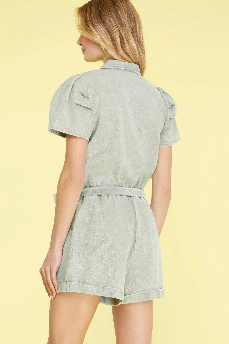 ELASTIC BELTED WAIST WASHED TWILL ROMPER
