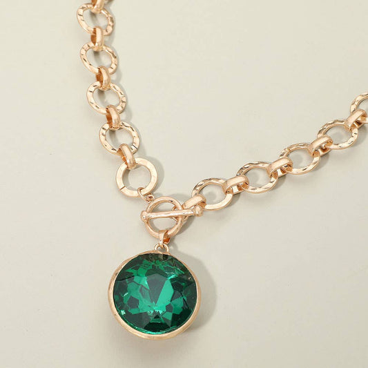 Bold Oval Gemstone Pendant Brushed Metal Chunky Chain Toggle Necklace: Green