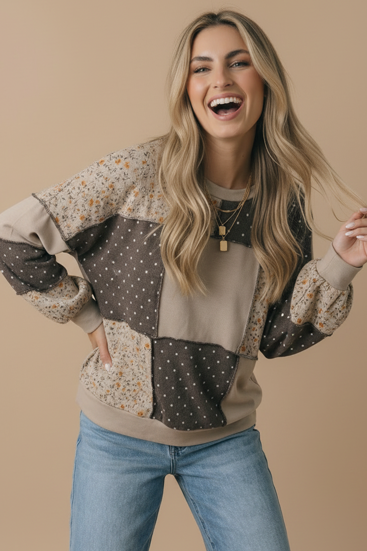 Round Neck Mixed Print Patchwork Pullover: GREY/CHARCOAL / S