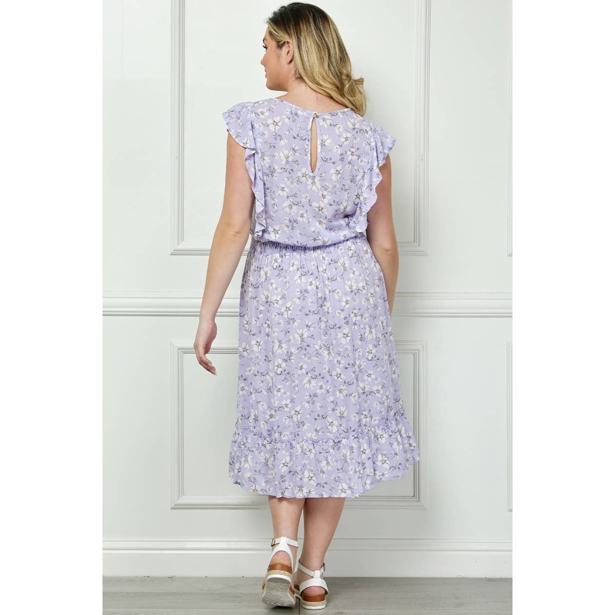 Plus Size Vintage Floral Flutter Midi Dress: Lilac