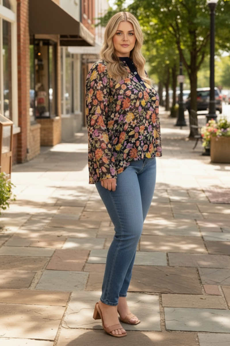 MANDARIN COLLAR FLORAL PRINT PLUS SIZE TOP