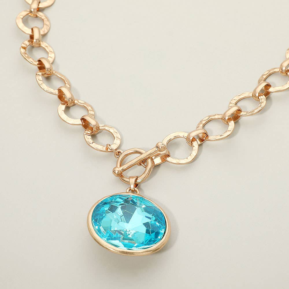 Bold Oval Gemstone Pendant Brushed Metal Chunky Chain Toggle Necklace: Green