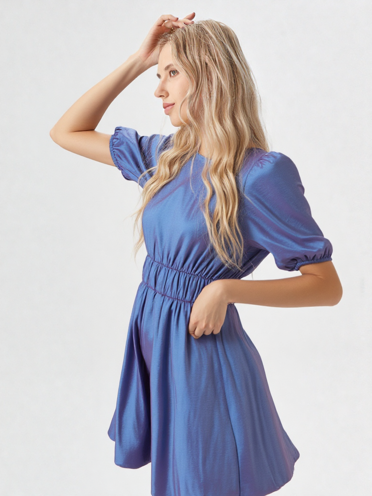 Puff Sleeve Bubble Hem Shiny Mini Dres