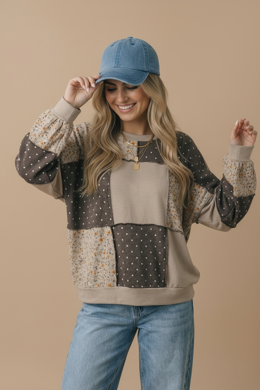 Round Neck Mixed Print Patchwork Pullover: GREY/CHARCOAL / S