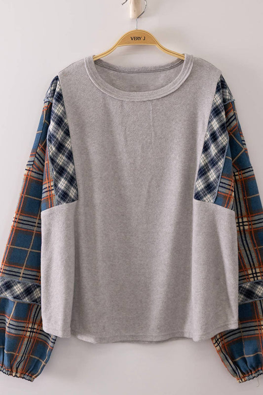 Soft Contrast Plaid Sleeve Top