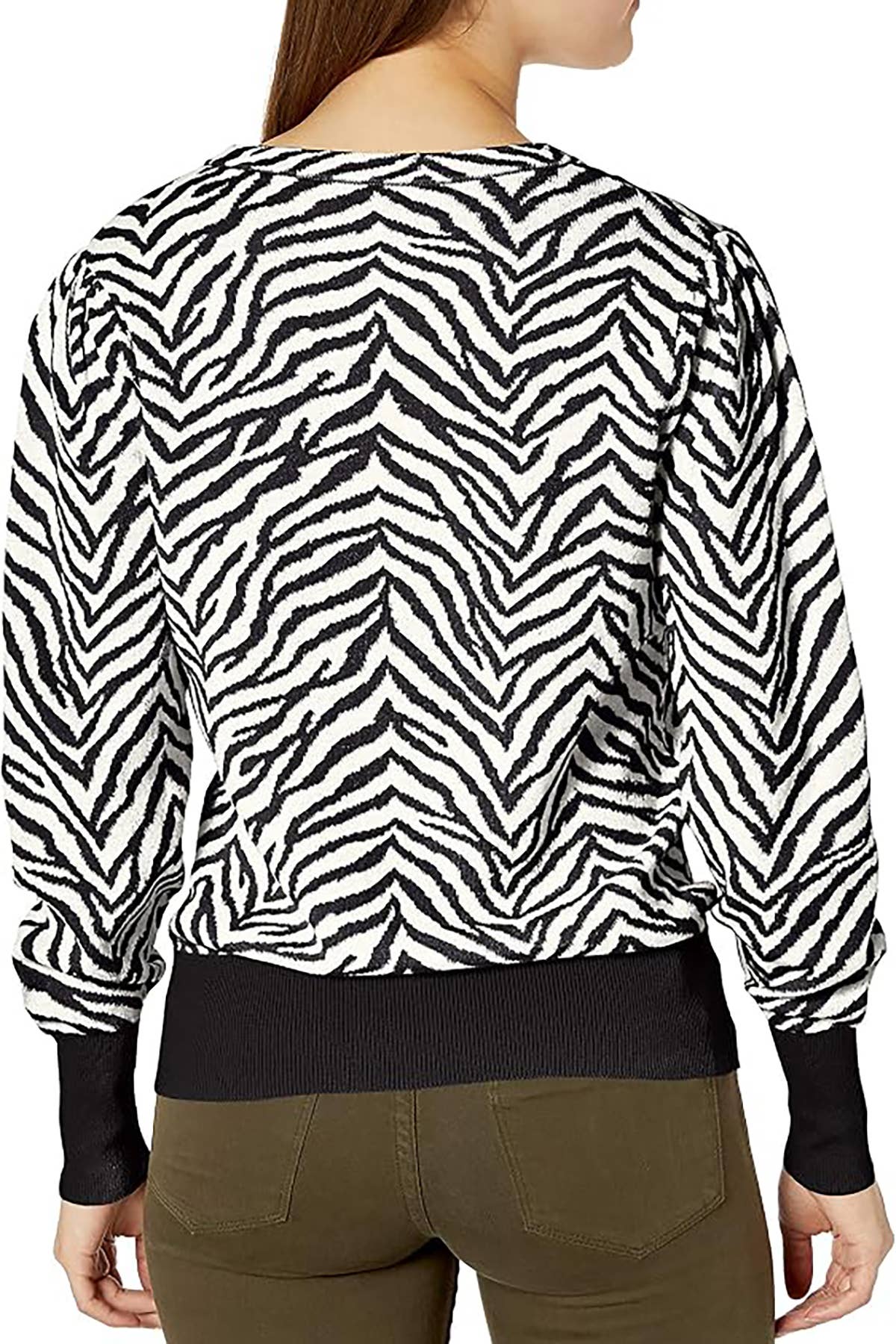 ANIMAL JACQUARD BLOUSON SLEEVE CREWNECK SWEATER: TA/WH / XS