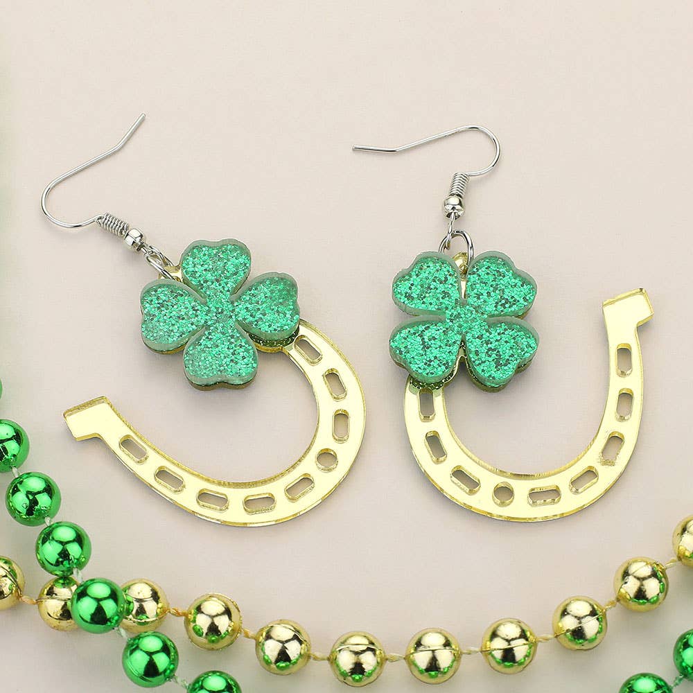 St Patrick's Day Glittered Resin Clover Horseshoe Earrings