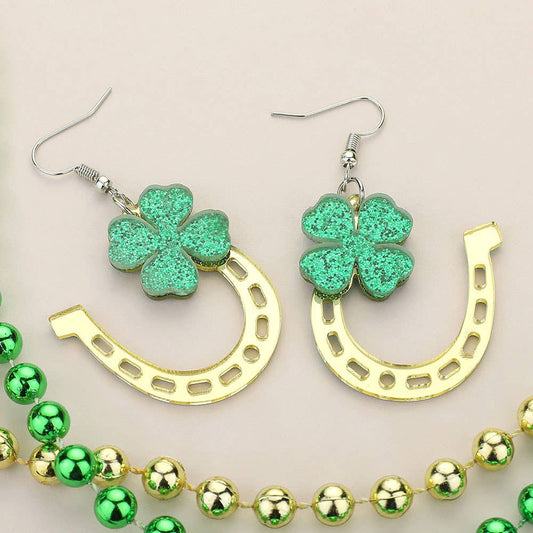 St Patrick's Day Glittered Resin Clover Horseshoe Earrings