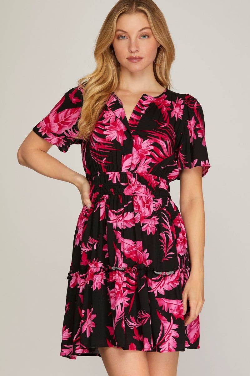 FLORAL TIERED ELASTIC WAIST WOVEN MINI DRESS