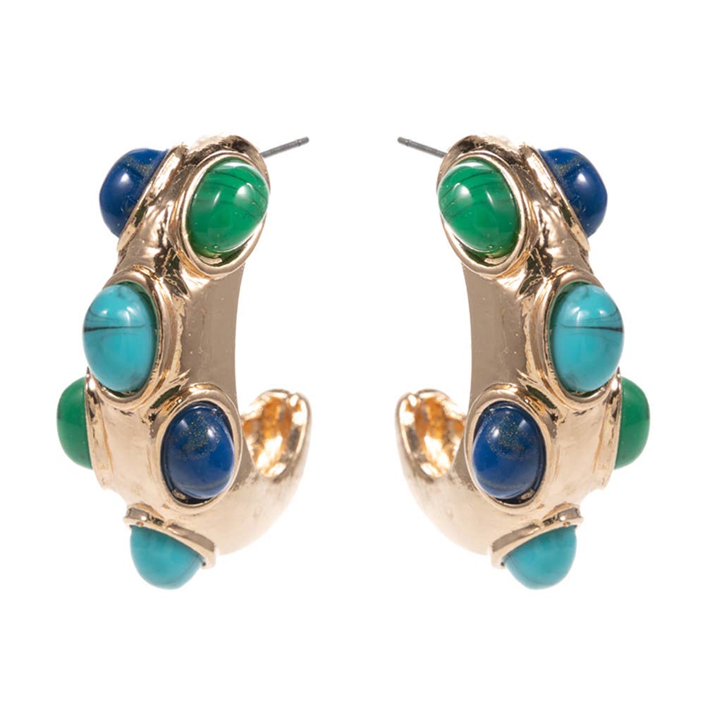 Oval Stone Embellished Chunky Hoop Earrings: Turquoise
