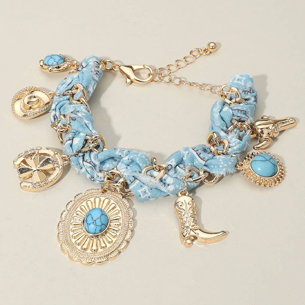 Western Cowboy Hat Boot Charm Station Fabric Chain Bracelet: Gold,Turquoise