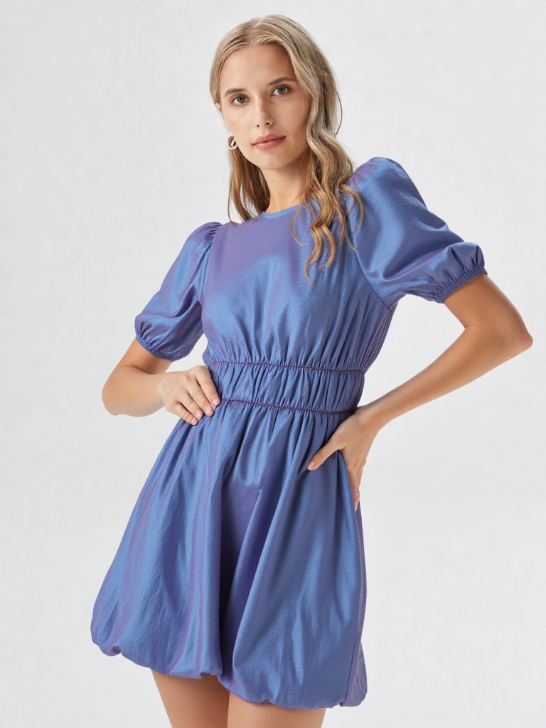 Puff Sleeve Bubble Hem Shiny Mini Dres