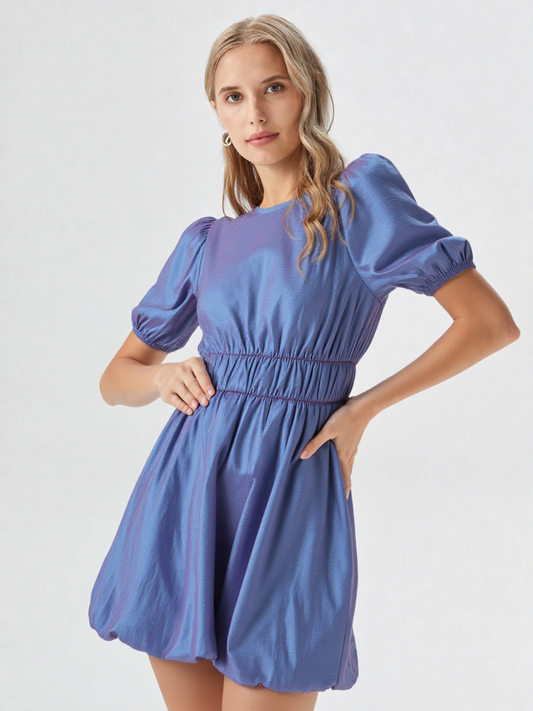 Puff Sleeve Bubble Hem Shiny Mini Dres