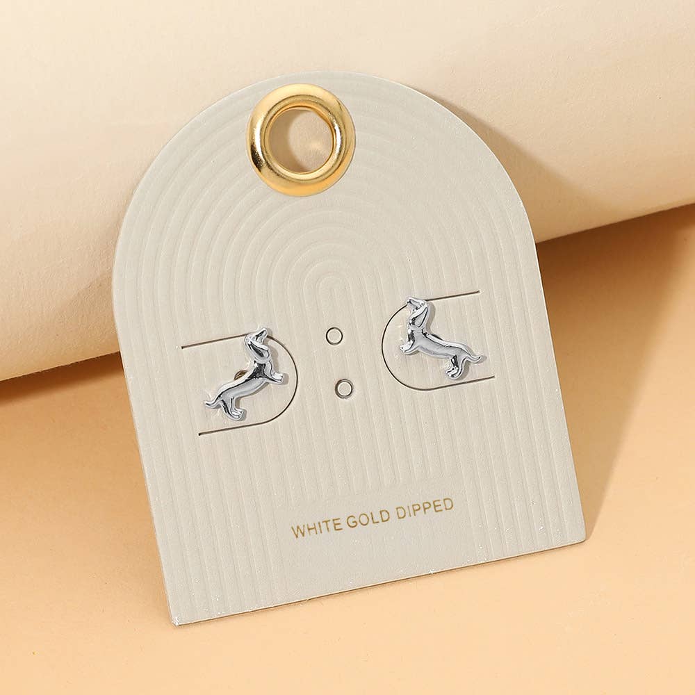 18K Gold Dipped Dachshund Dog Mini Stud Earrings: Silver