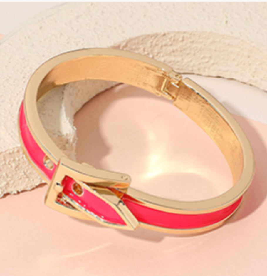 Gold Plated Enamel Belt Hinged Bangle Bracelet