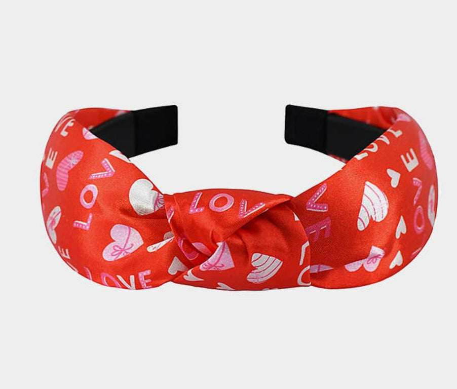 Love Heart Printed Knot Satin Headbands