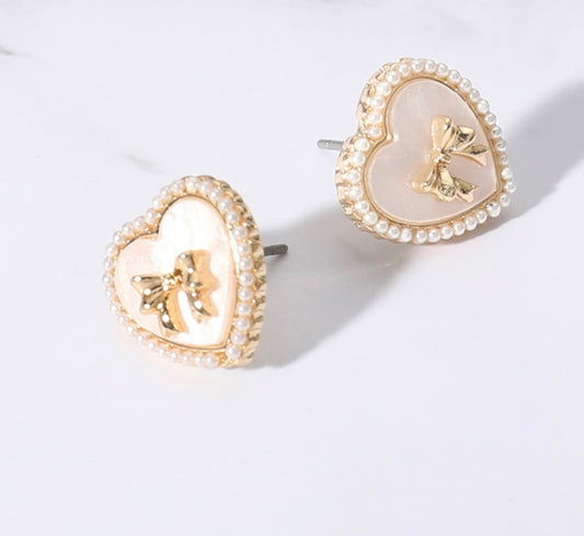 Pearl Paved Rim Metal Bow Pointed Enamel Heart Stud Earrings