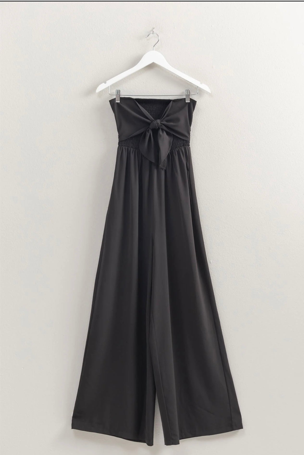 Strapless Tie Front Smocked And Flowy Legs Jumpsuit
