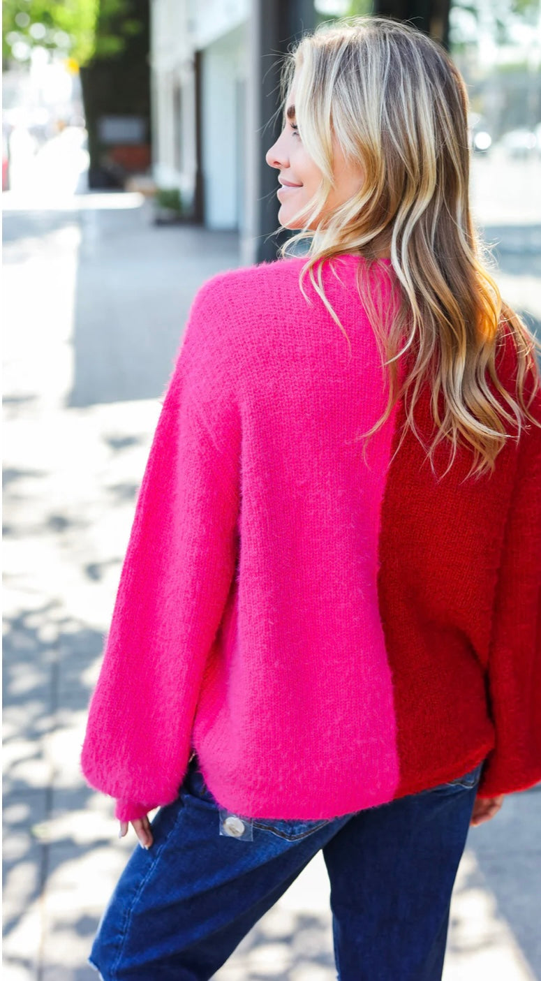 Hot Pink and Ruby Split Sweater Cardigan