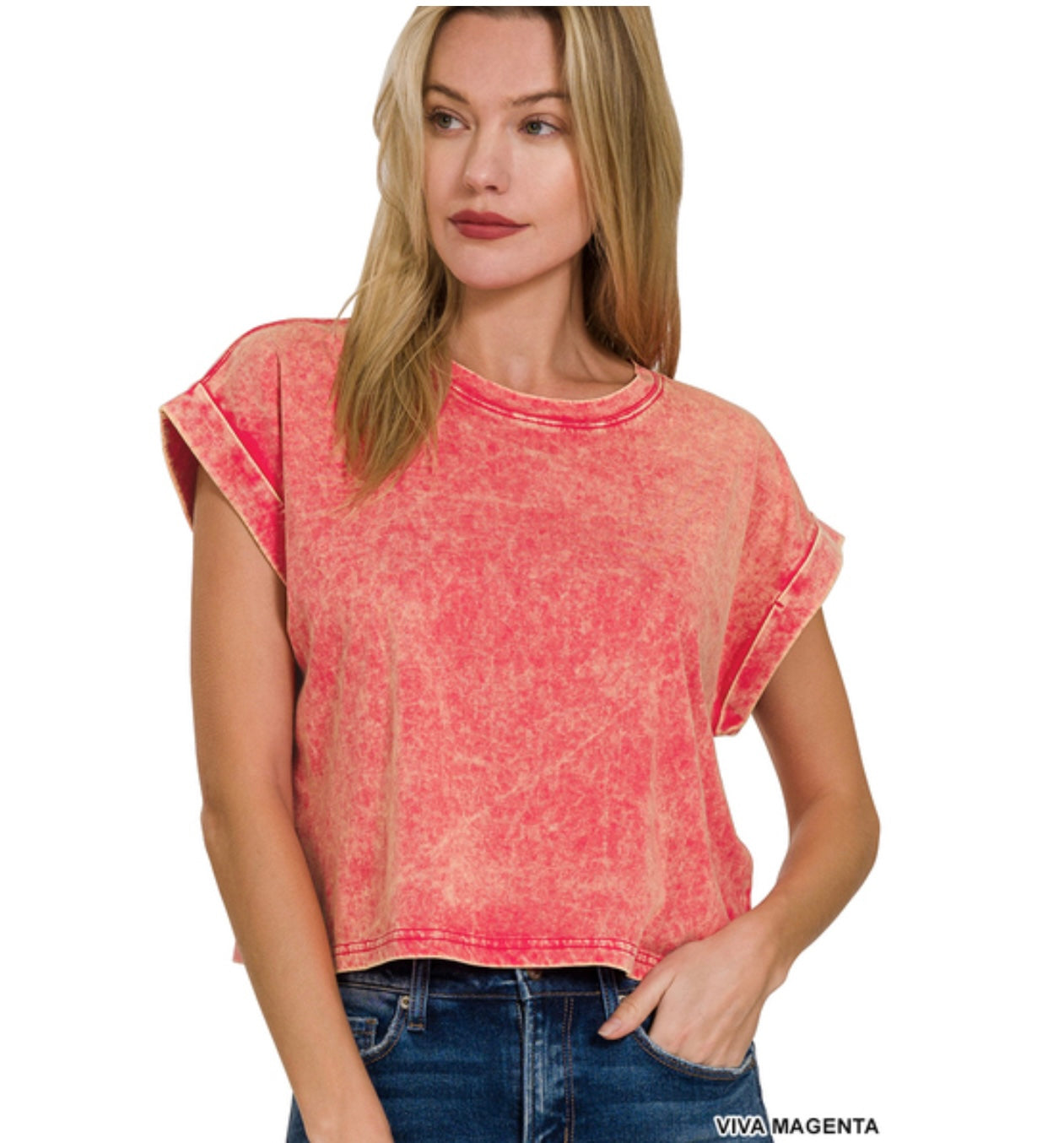 Acid Wash Cuffed Short Sleeve Top