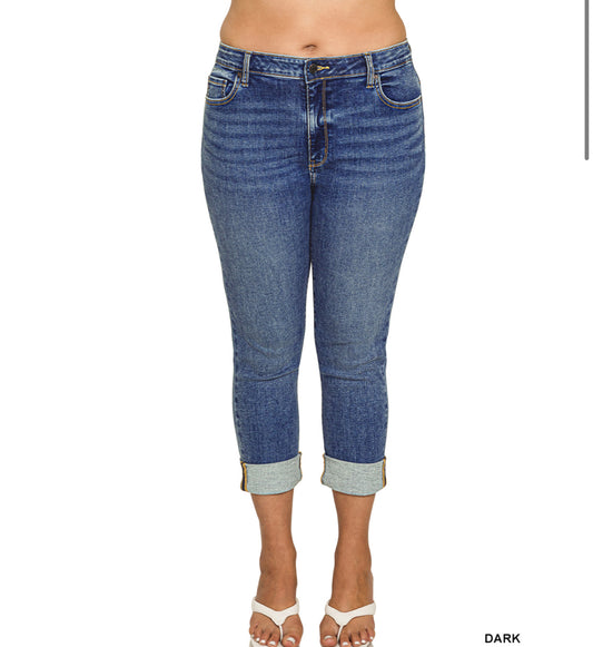 ZENANA PLUS CUFFED SKINNY CROPPED DENIM JEANS
