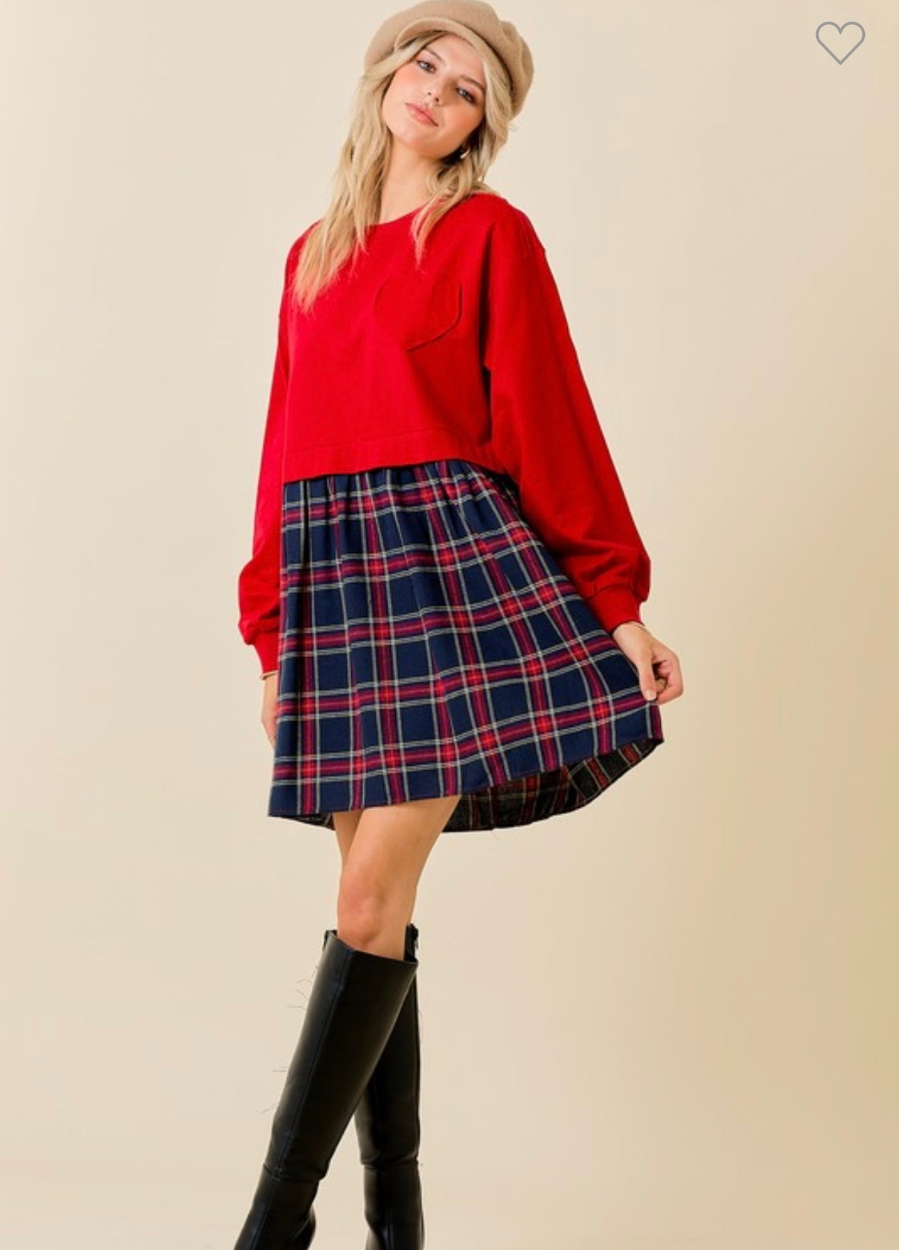 French Terry and Plaid Mini Dress w Heart Patch