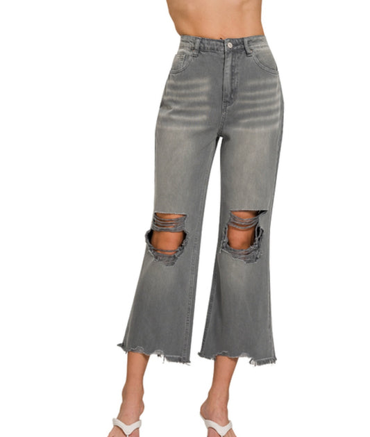 WASHED DISTRESSED KNEE AND HEM CROPPED JEAN